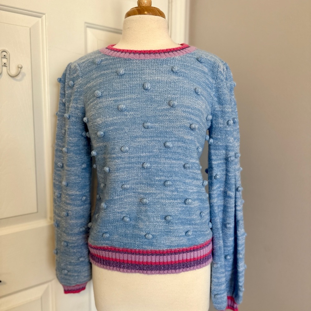Lilly Pulitzer Verna Blue Pom Pom Sweater with Pink Purple Trim | Size Small